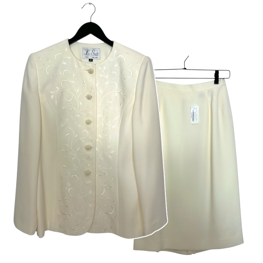Nwt Le Suit Vanilla Filigree Embroidered Blazer Skirt Suit Set Vintage Size 8